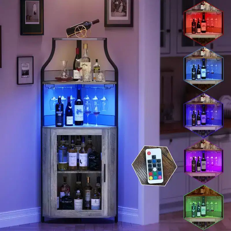 Mobile ad angolo bar con luce LED, portabottiglie, porta bicchieri e anta in rete