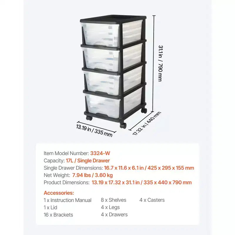 Carrello Portatutto a 4 Cassetti in Plastica con Ruote