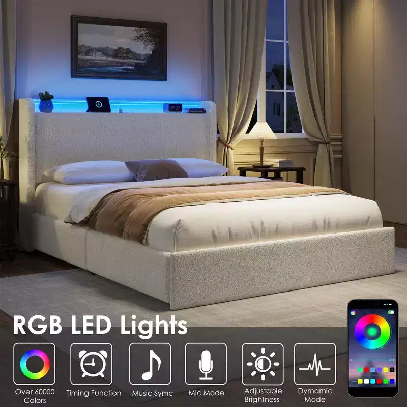 Letto matrimoniale con base a piattaforma imbottita in bouclé con cassetti contenitore, testiera a LED e stazione di ricarica
