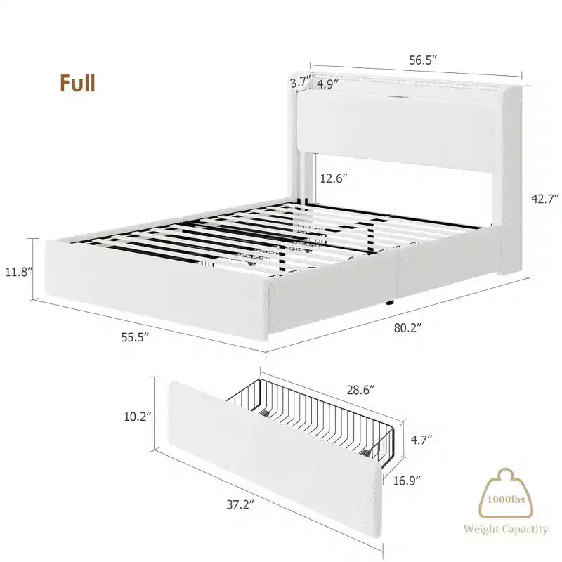 Letto matrimoniale con base a piattaforma imbottita in bouclé con cassetti contenitore, testiera a LED e stazione di ricarica