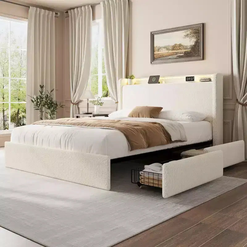 TROPOW Boucle Bed Frame with Storage Headboard - Charging Station, LED Lights, Upholstered Platform Bed Frame with 4 Storage Drawers