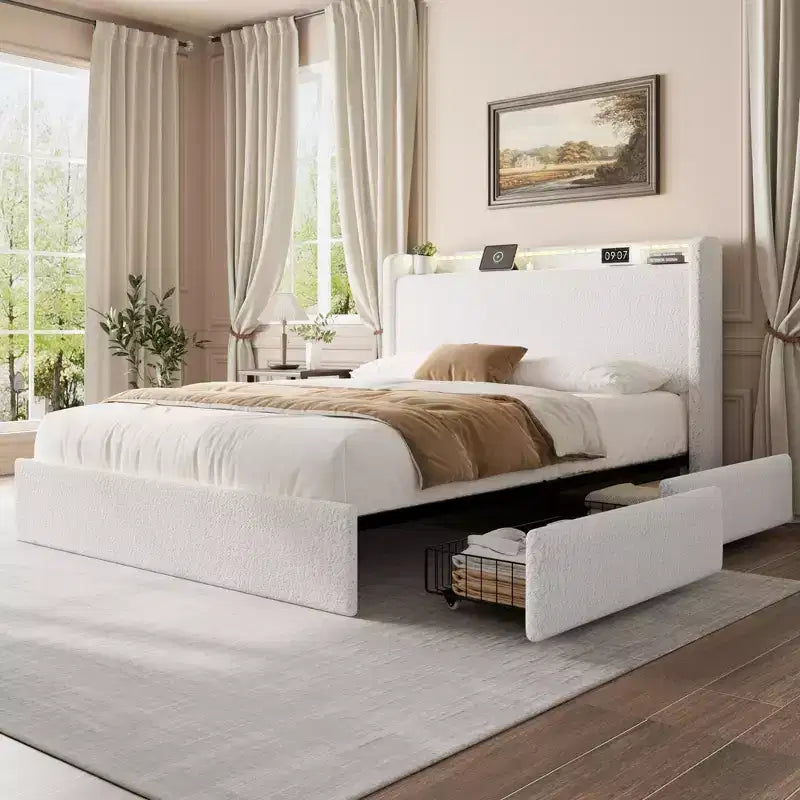 Letto matrimoniale con base a piattaforma imbottita in bouclé con cassetti contenitore, testiera a LED e stazione di ricarica