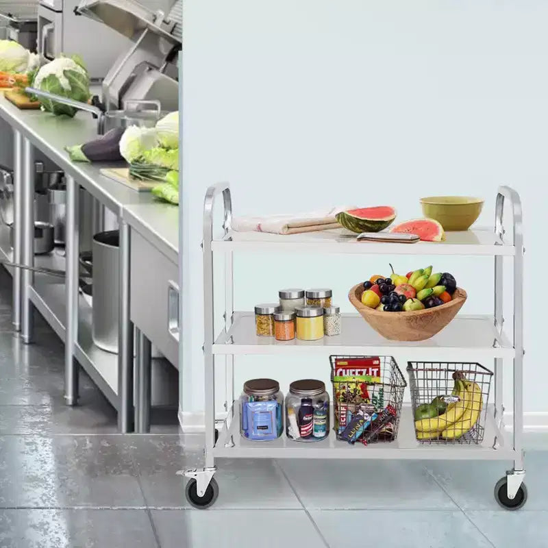 Carrello di servizio a 3 ripiani in acciaio inox con ruote e maniglia