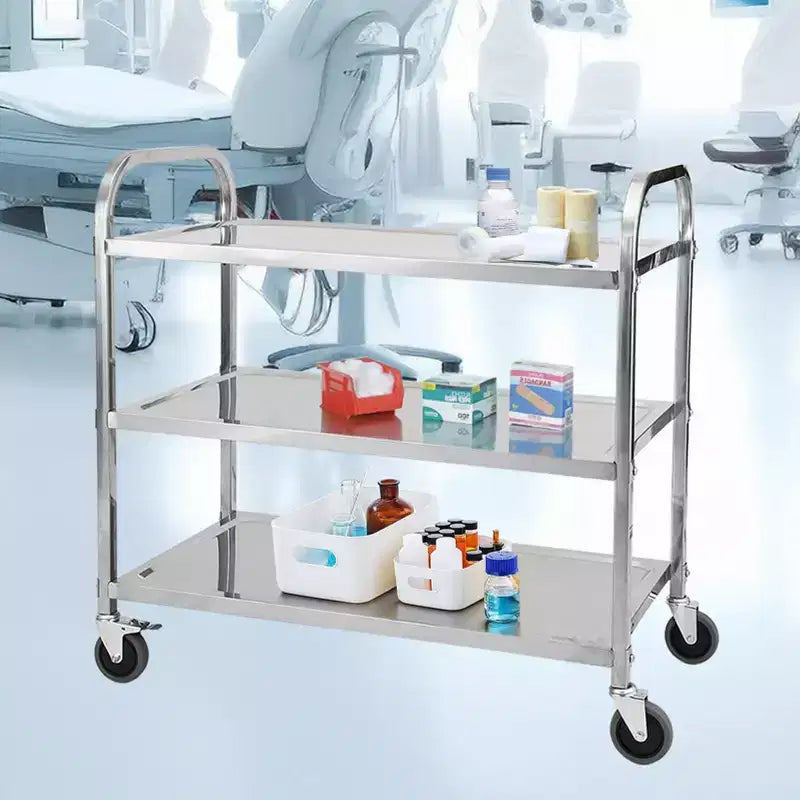 Carrello di servizio a 3 ripiani in acciaio inox con ruote e maniglia