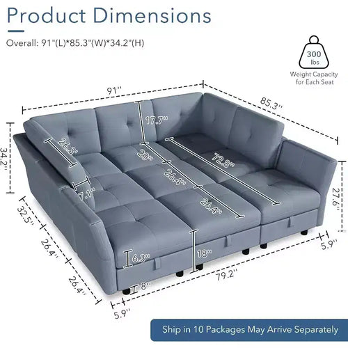 Divano componibile modulare da 143 pollici, divano a 9 posti in ciniglia blu con pouf contenitore