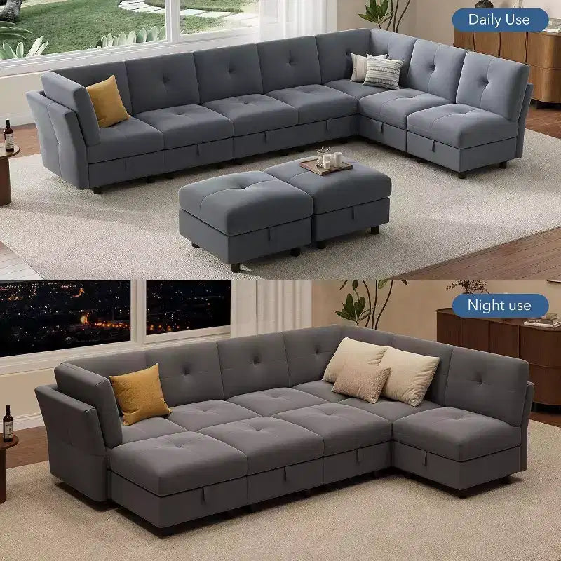 Divano componibile modulare da 143 pollici, divano a 9 posti in ciniglia blu con pouf contenitore