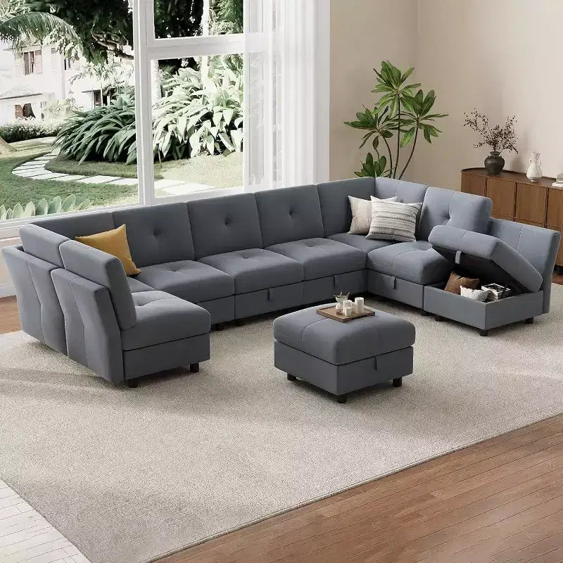 Divano componibile modulare da 143 pollici, divano a 9 posti in ciniglia blu con pouf contenitore