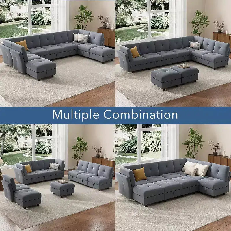 Divano componibile modulare da 143 pollici, divano a 9 posti in ciniglia blu con pouf contenitore