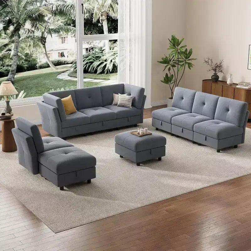 Divano componibile modulare da 143 pollici, divano a 9 posti in ciniglia blu con pouf contenitore