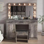 Gray Linen Particleboard with Triamine 3 Drawers, 2 Doors, with 12 Tri-color Dimmable Light Bulbs, Rows of Plugs, Glass-topped Vanity Table Set