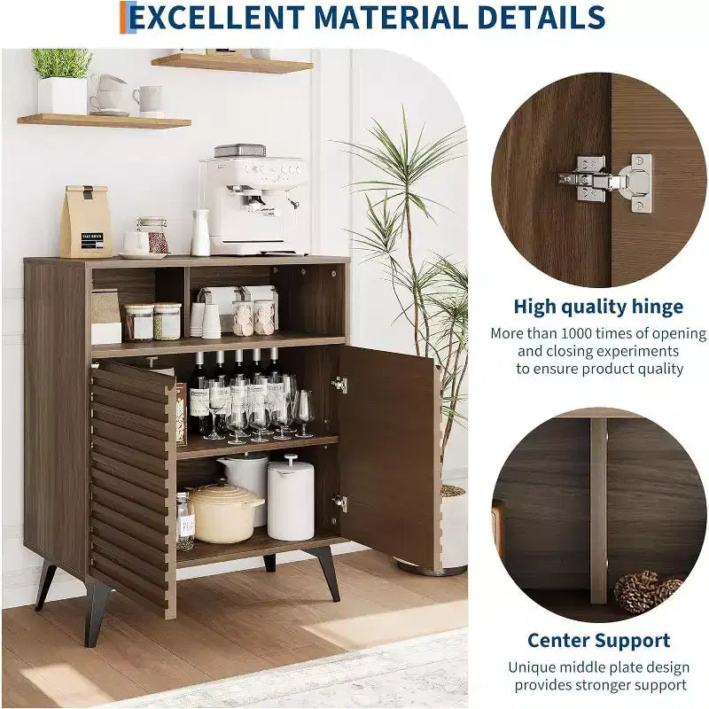 Mobile buffet credenza scanalato da 42" con ripiani aperti, ante e gambe in metallo nero