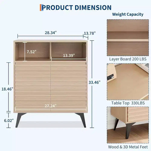 Mobile buffet credenza scanalato da 42" con ripiani aperti, ante e gambe in metallo nero