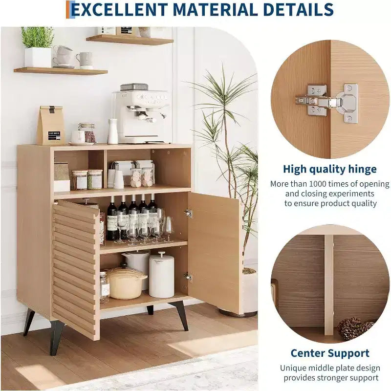 Mobile buffet credenza scanalato da 42" con ripiani aperti, ante e gambe in metallo nero