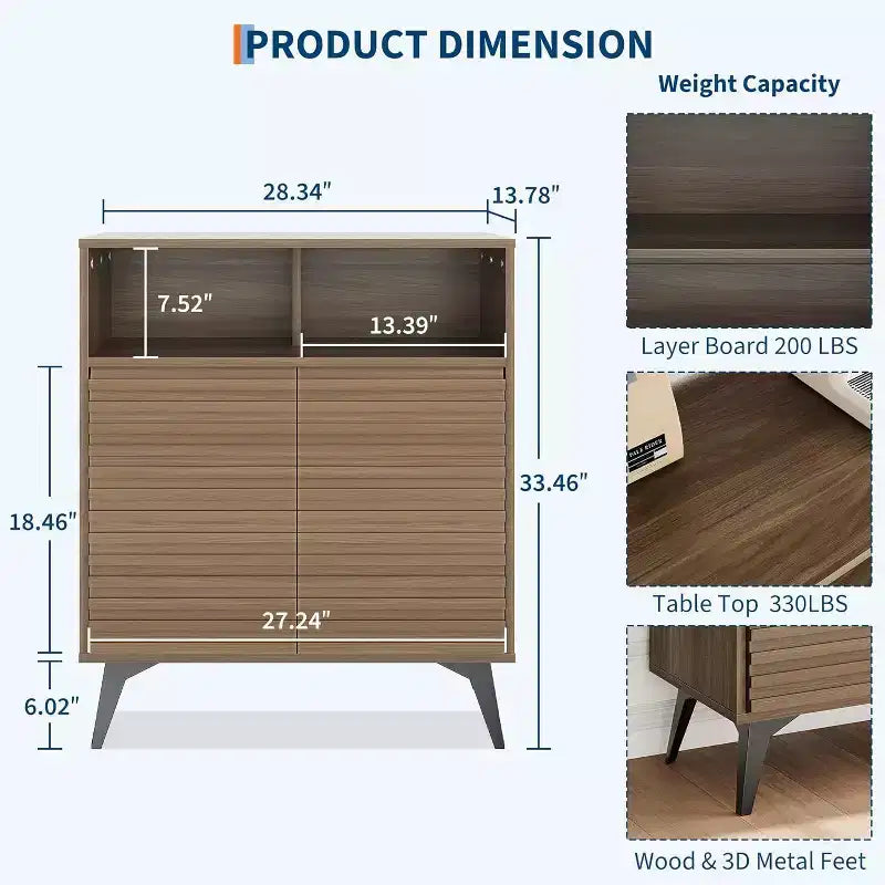 Mobile buffet credenza scanalato da 42" con ripiani aperti, ante e gambe in metallo nero