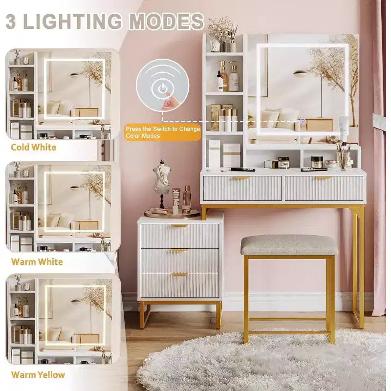 Toeletta Trucco con Specchio Illuminato e Sgabello