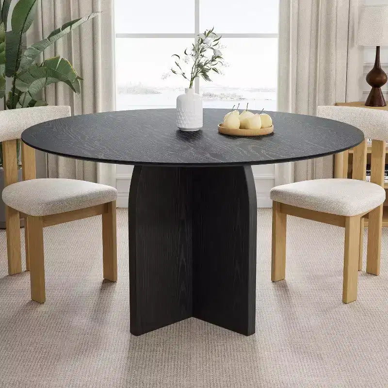 Tavolo da pranzo rotondo in legno massello da 52" con base a piedistallo nera