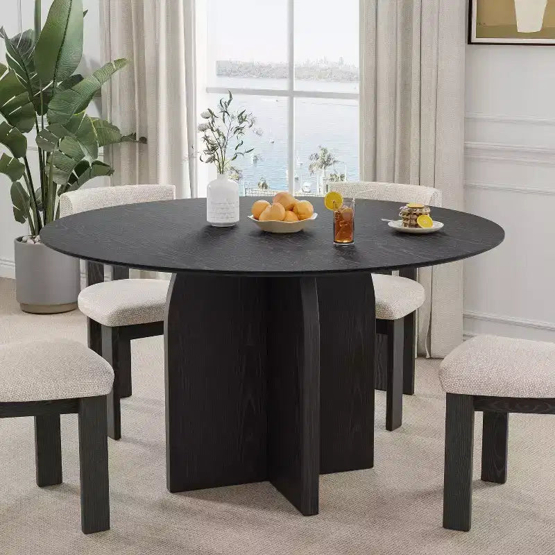 Tavolo da pranzo rotondo in legno massello da 52" con base a piedistallo nera