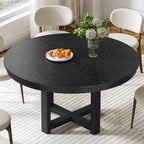 Tavolo da pranzo rotondo in legno con base a croce X, nero, 114 cm.