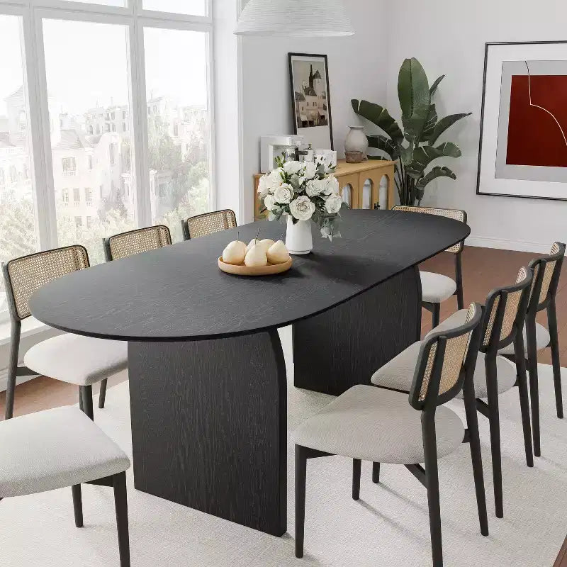 Tavolo da pranzo ovale in legno massello 79 x 33,5 pollici con gambe ad arco, posti a sedere fino a 8, nero