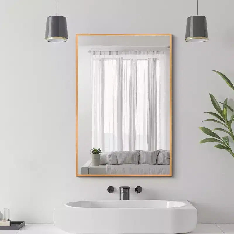 1-Piece 36 In.H x 24 In.W Aluminum Alloy Thin Edged Right Angled Rectangle Gold Hanging Mirror Wall Mirror