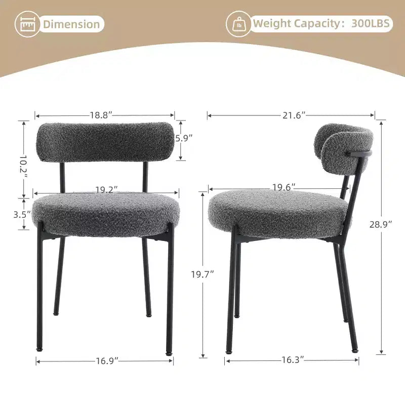 Sedie da pranzo Mid-Century, set da 2 – Seduta rotonda rivestita in Bouclé con gambe regolabili (grigio chiaro, gambe nere)