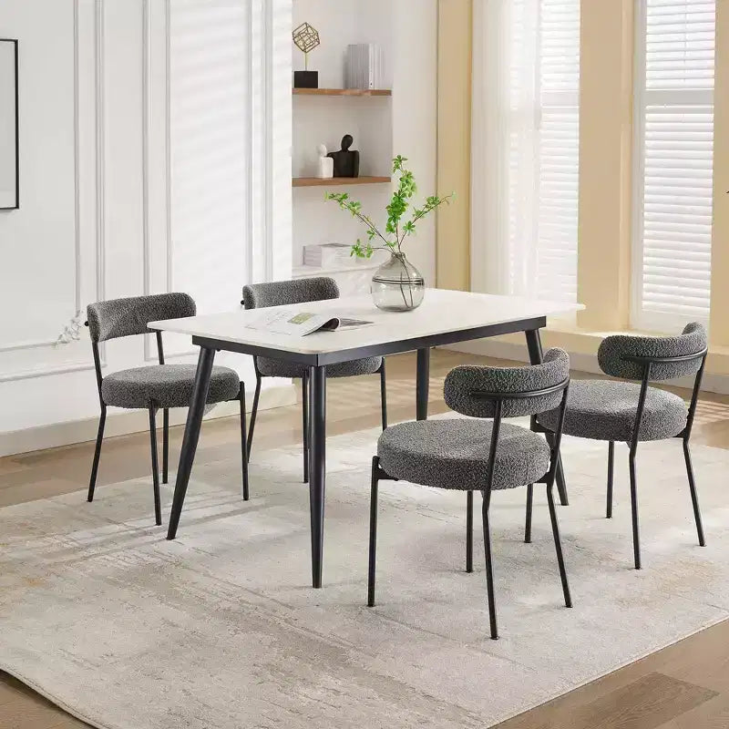 Sedie da pranzo Mid-Century, set da 2 – Seduta rotonda rivestita in Bouclé con gambe regolabili (grigio chiaro, gambe nere)
