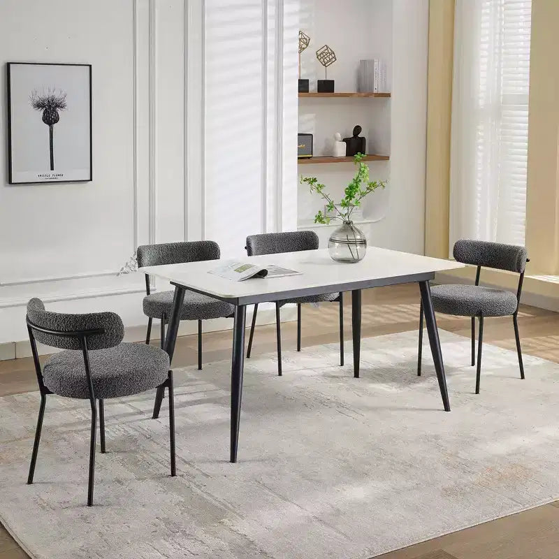 Sedie da pranzo Mid-Century, set da 2 – Seduta rotonda rivestita in Bouclé con gambe regolabili (grigio chiaro, gambe nere)