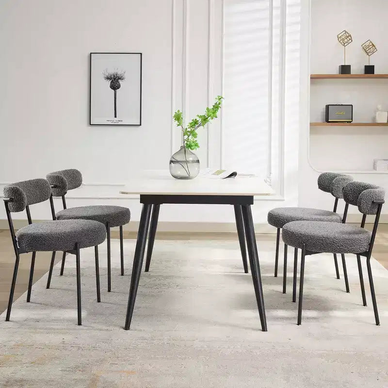 Sedie da pranzo Mid-Century, set da 2 – Seduta rotonda rivestita in Bouclé con gambe regolabili (grigio chiaro, gambe nere)