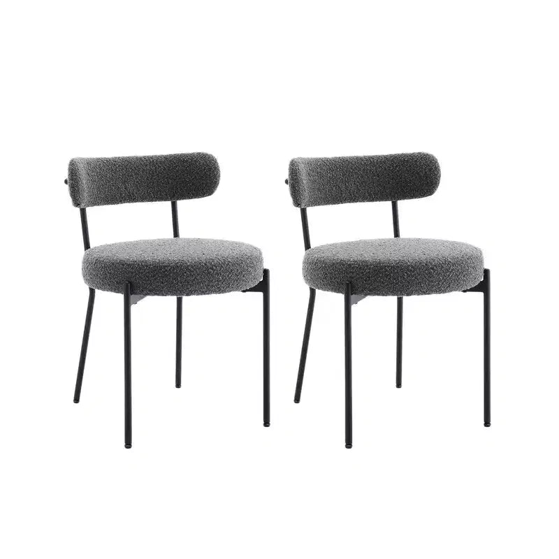 Sedie da pranzo Mid-Century, set da 2 – Seduta rotonda rivestita in Bouclé con gambe regolabili (grigio chiaro, gambe nere)