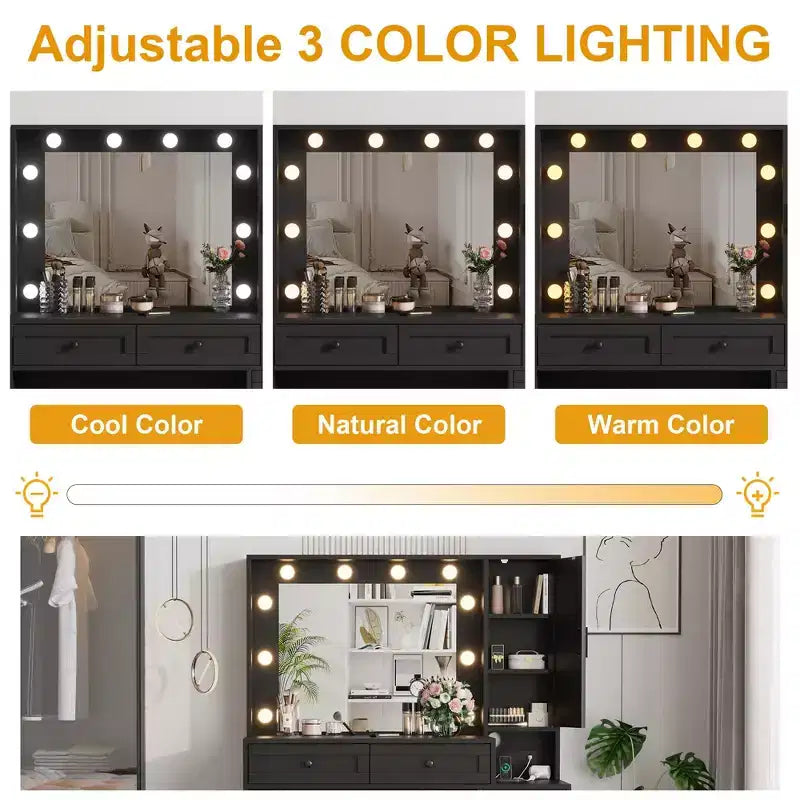 Toeletta con specchio LED, sgabello e cassetti contenitori