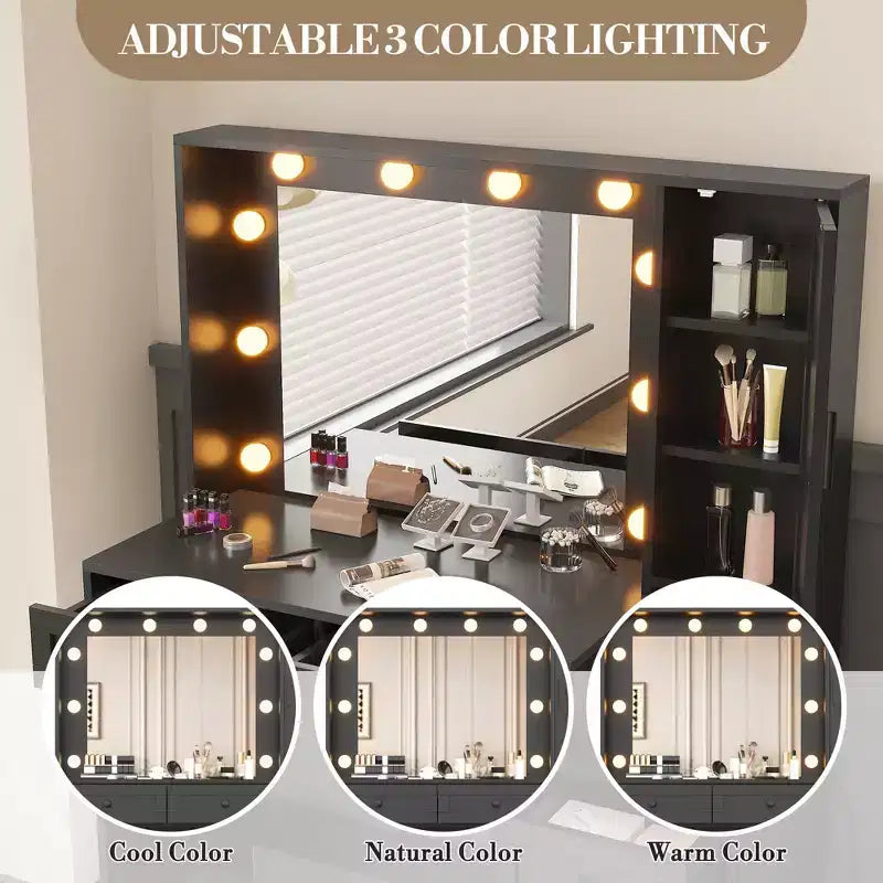 Toeletta con specchio LED, sgabello e cassetti contenitori