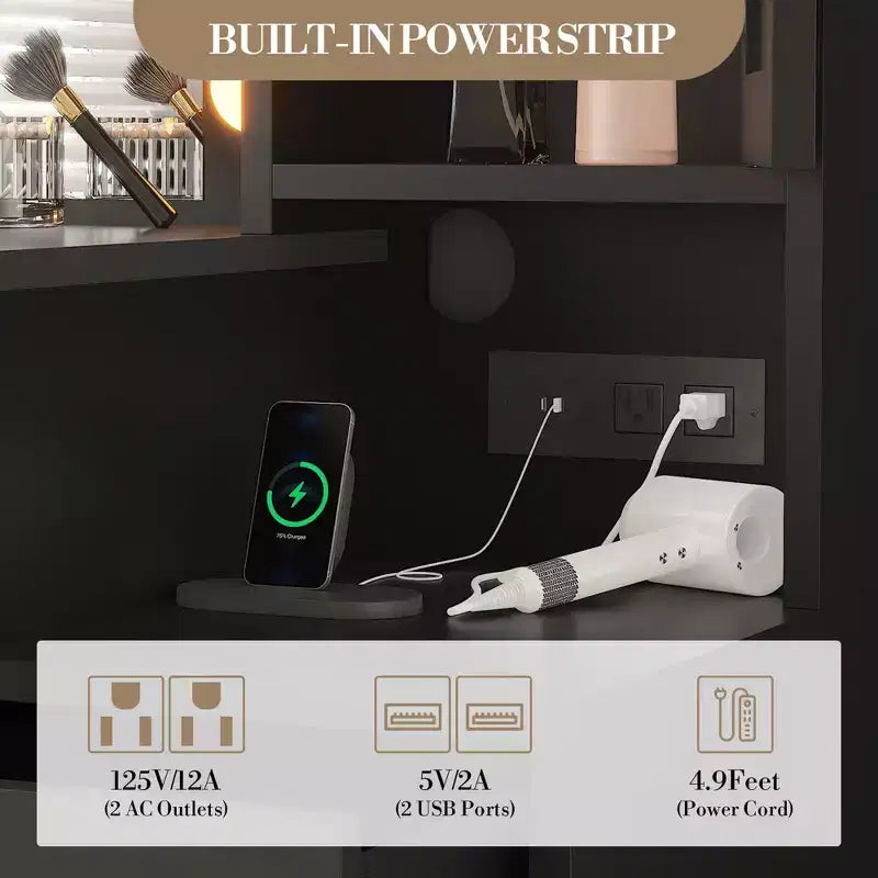 Toeletta con specchio LED, sgabello e cassetti contenitori