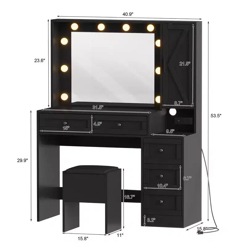 Toeletta con specchio LED, sgabello e cassetti contenitori