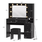 Toeletta con specchio LED, sgabello e cassetti contenitori