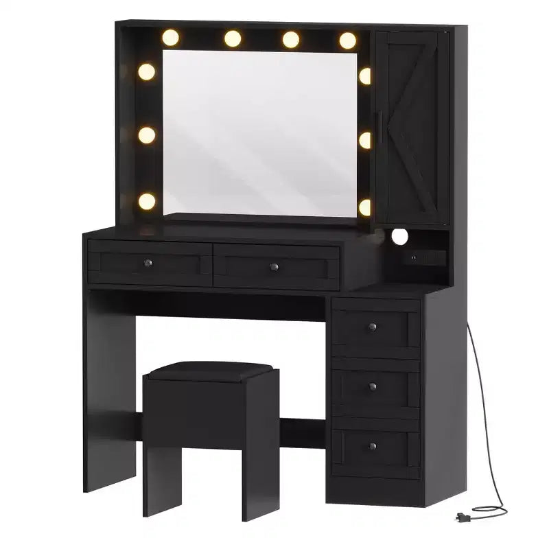 Toeletta con specchio LED, sgabello e cassetti contenitori