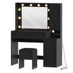 Toeletta con specchio LED, sgabello e cassetti contenitori