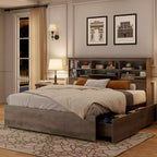 King Bed Frame with Storage Headboard - Platform Bed with 4 Drawers, Bookcase & Metal Slat Support, Grey