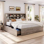 Struttura Letto King Size con Piattaforma, Cassetti Contenitore e Testiera con Libreria, Grigio