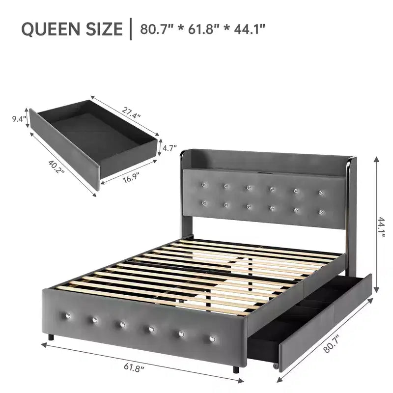 Base letto imbottita Queen Size con cassetti portaoggetti e stazione di ricarica