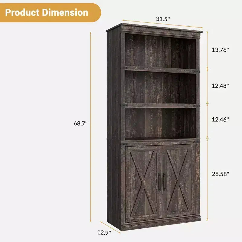 Libreria a 5 ripiani con ante a battente, scaffale espositivo alto 174,5 cm in legno per soggiorno e ufficio