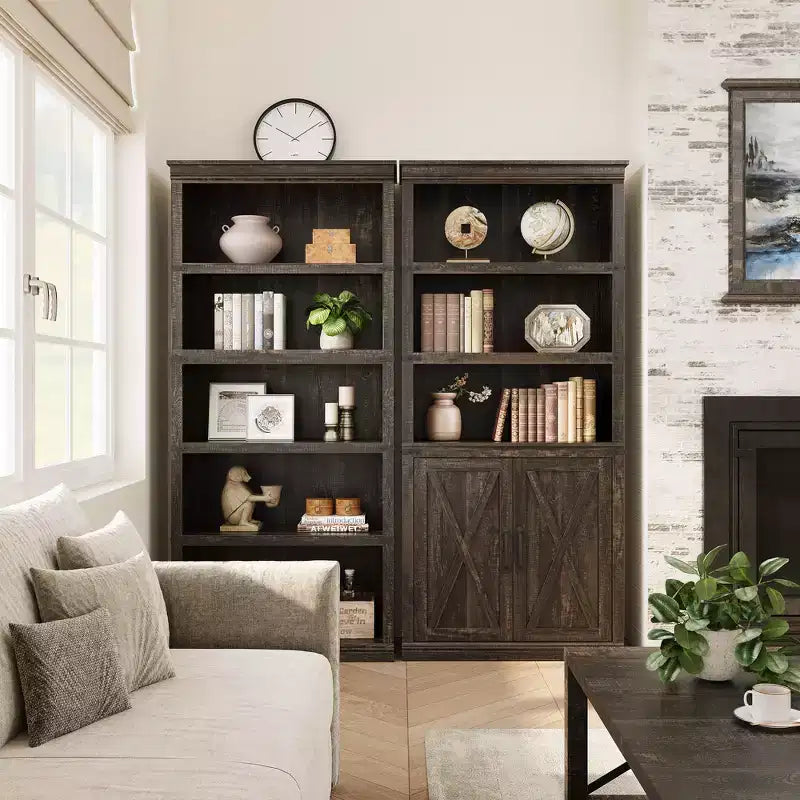 Libreria a 5 ripiani con ante a battente, scaffale espositivo alto 174,5 cm in legno per soggiorno e ufficio