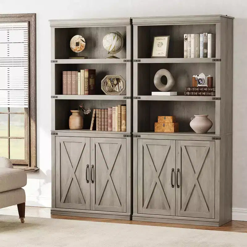 Libreria a 5 ripiani con ante a battente, scaffale espositivo alto 174,5 cm in legno per soggiorno e ufficio