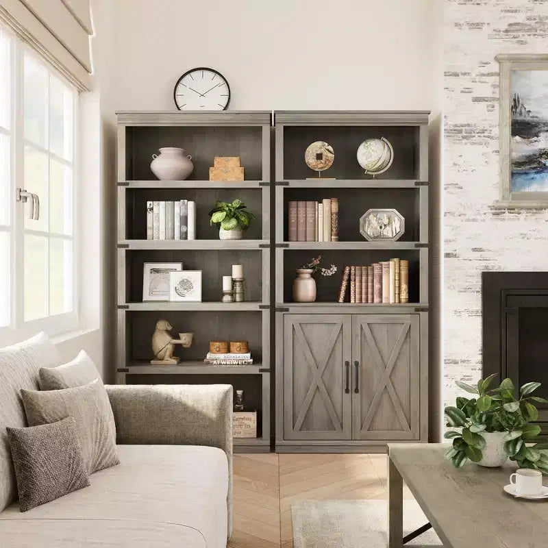 Libreria a 5 ripiani con ante a battente, scaffale espositivo alto 174,5 cm in legno per soggiorno e ufficio