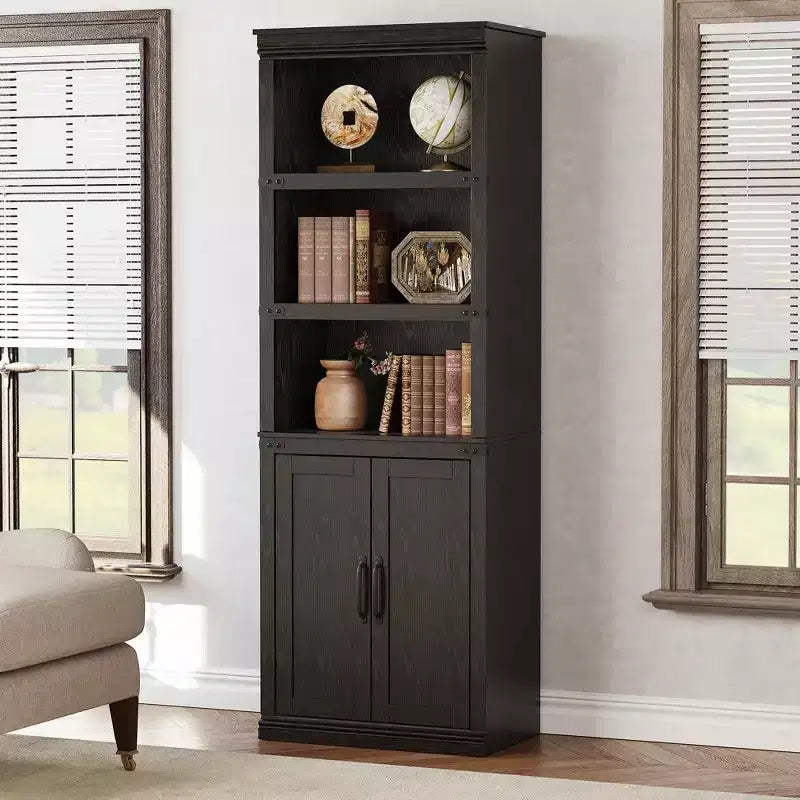 Libreria a 5 ripiani con ante a battente, scaffale espositivo alto 174,5 cm in legno per soggiorno e ufficio
