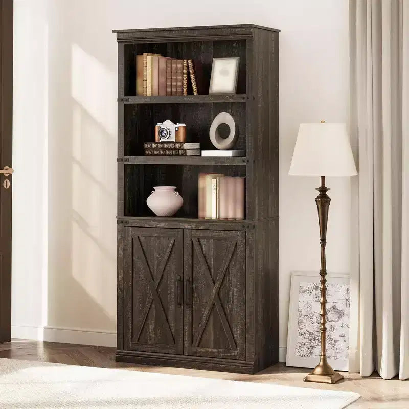 Libreria a 5 ripiani con ante a battente, scaffale espositivo alto 174,5 cm in legno per soggiorno e ufficio