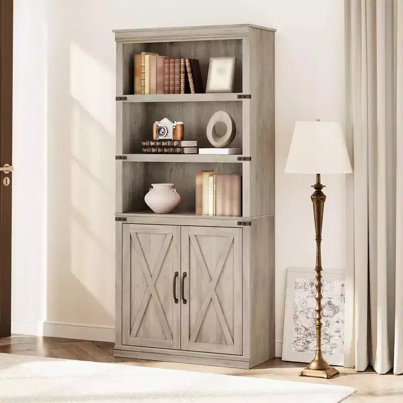 Libreria a 5 ripiani con ante a battente, scaffale espositivo alto 174,5 cm in legno per soggiorno e ufficio
