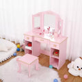 COZONY Pink Kids Vanity Set - Tri-Fold Mirror Play Table with Stool & Storage for Girls