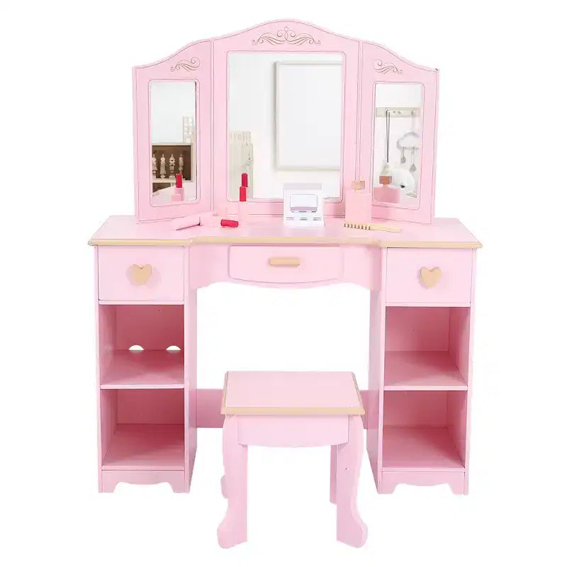 Set da toeletta rosa per bambini con specchio a tre ante, sgabello e contenitore
