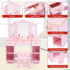 Set da toeletta rosa per bambini con specchio a tre ante, sgabello e contenitore