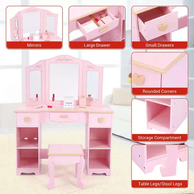 Set da toeletta rosa per bambini con specchio a tre ante, sgabello e contenitore